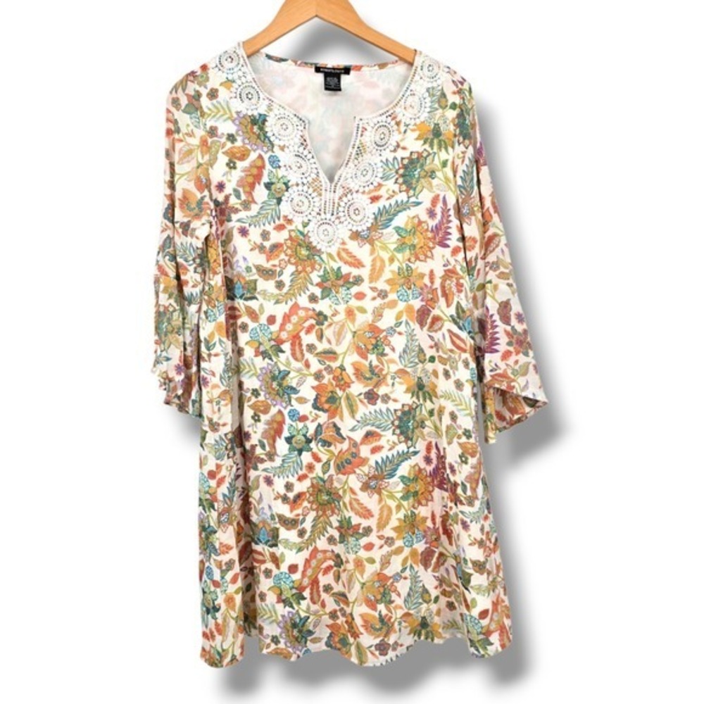 Robert Louis Floral Crochet Trim Tunic Dress Colorful‎ Bohemian Small